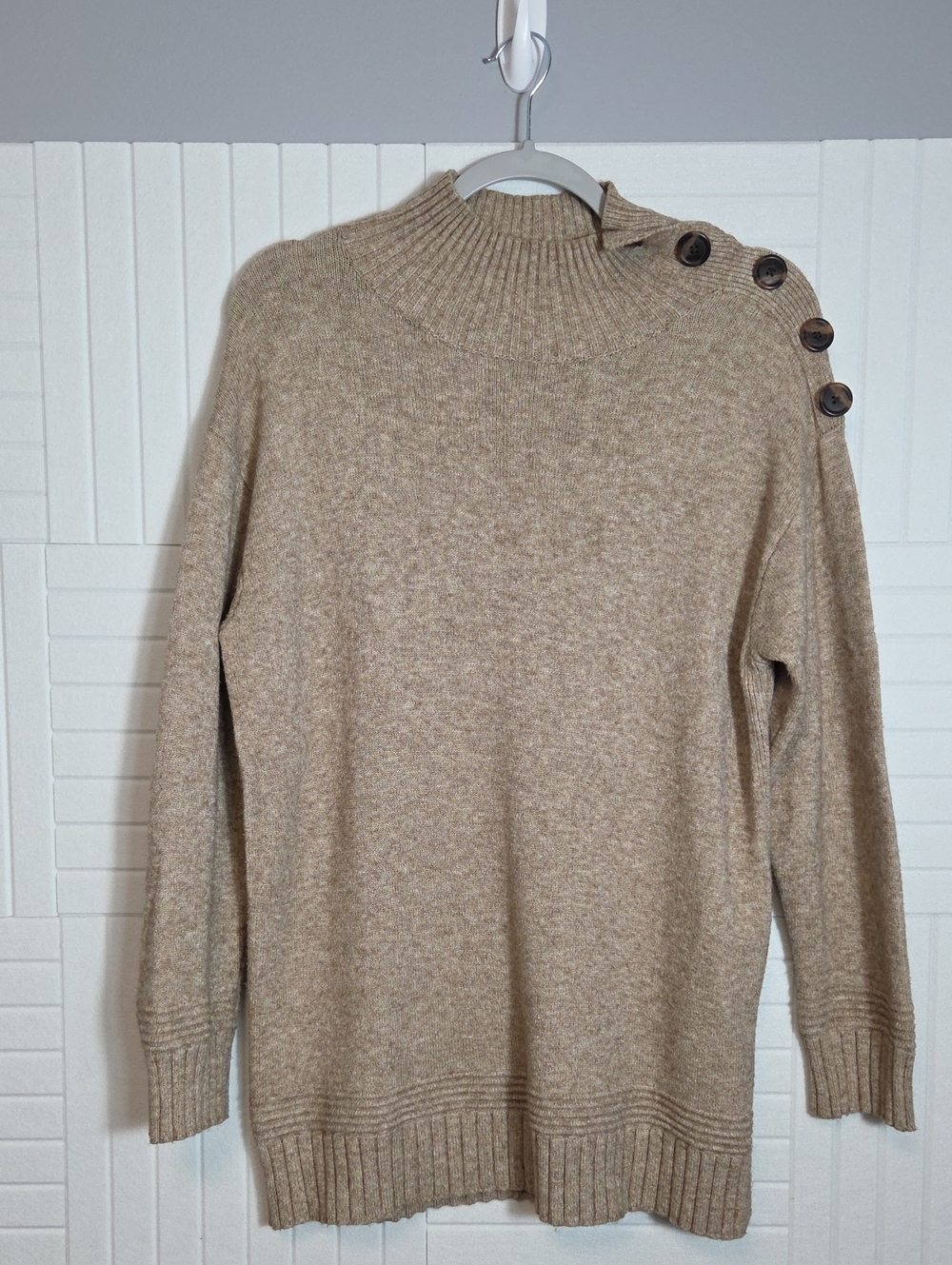 Anthropologie Tan Mock Neck Button Shoulder Sweater Tunic Size S